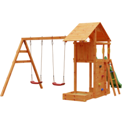 Complex joaca din lemn Smart 2 cu leagane, zid de catarat si turn Fungoo
