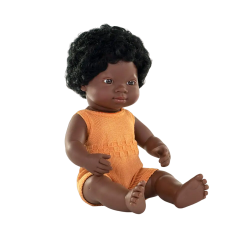 Papusa 38 cm, fetita africana, imbracata in salopeta tricotata