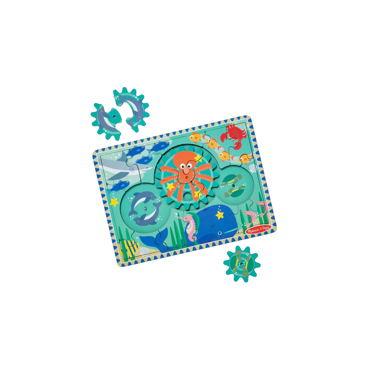 Puzzle educativ din lemn, cu rotite dintate, Oceanul, 8 piese, pentru copii 3 ani+, Melissa&Doug 31003