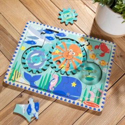Puzzle educativ din lemn, cu rotite dintate, Oceanul, 8 piese, pentru copii 3 ani+, Melissa&Doug 31003