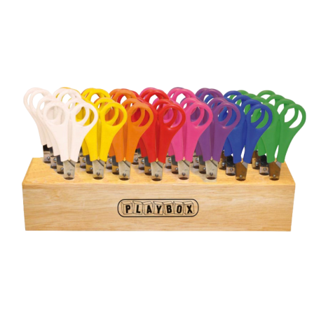 Set de 32 de foarfeci in suport practic din lemn, pentru gradinita si scoala